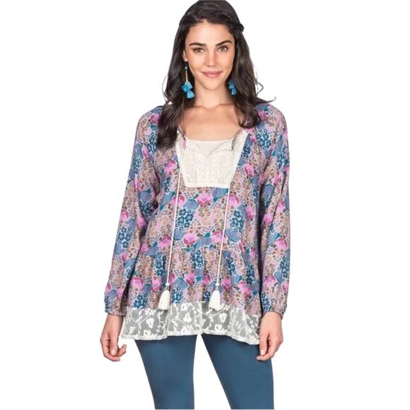 Matilda Jane Floral Print Lace Trim Boho Style Long Sleeve Blouse Size Large - Picture 2 of 9